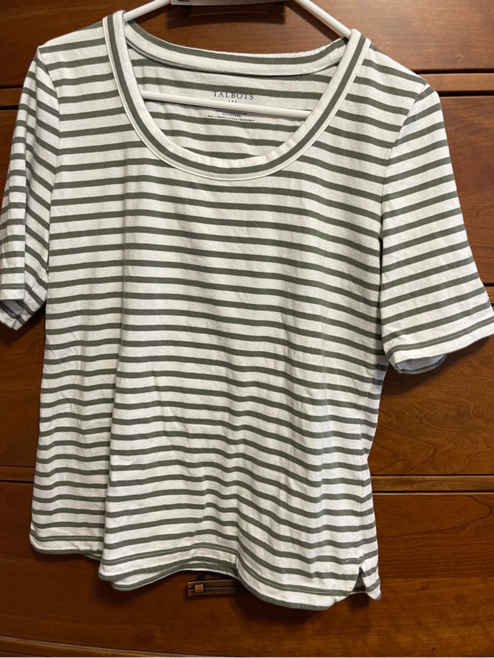 Talbots Olive Green and White Striped Crewneck Tee